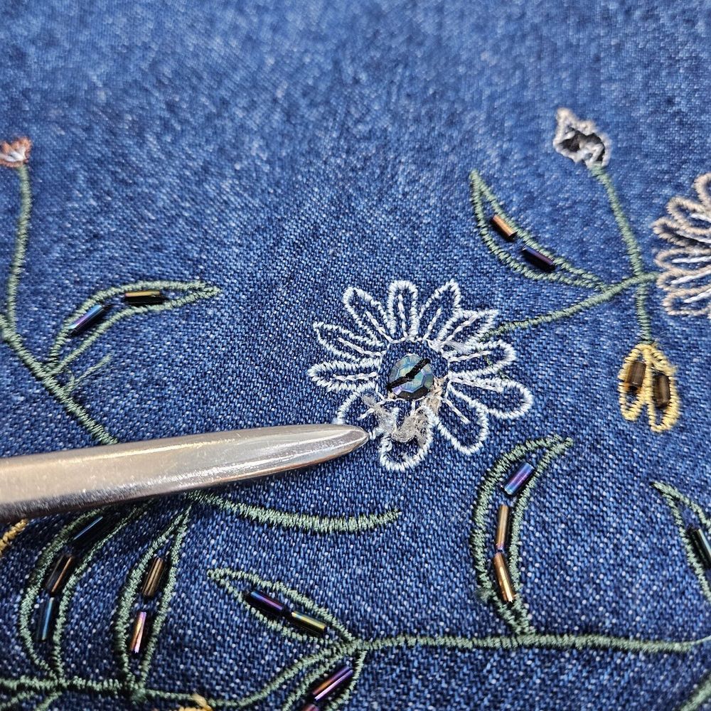 MPH Collection 90's Denim Jumper Dress Women XL Jean Floral Embroidery Beaded - Picture 2 of 12